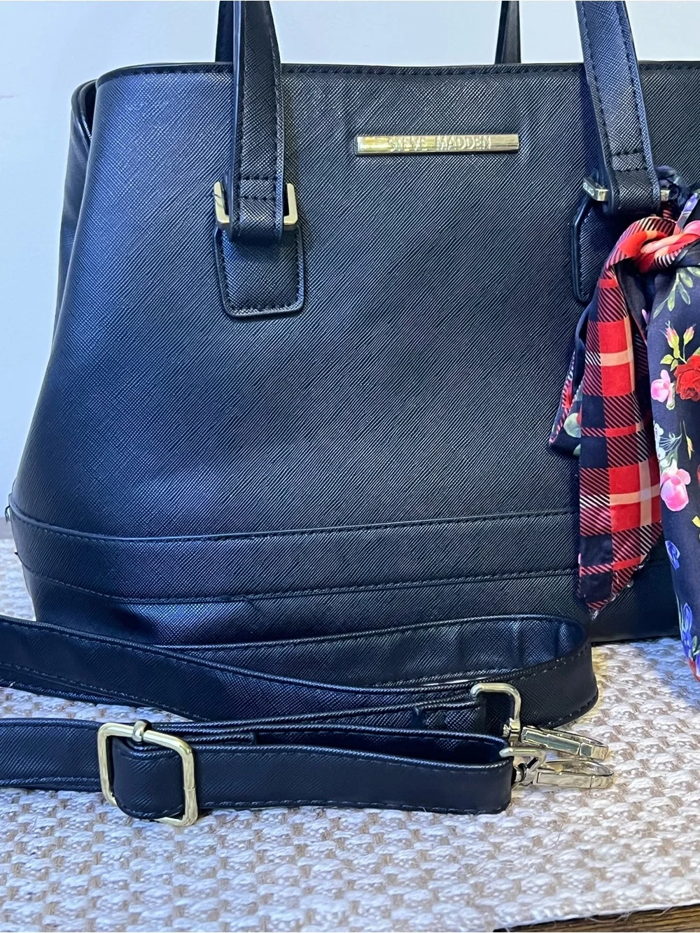 Steve Madden Black Textured Dome Satchel Tote Purse with Floral Scarf Charm